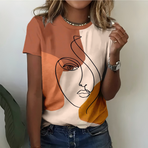Orange And White Womens Abstract Art T-shirt - Modern Bold Fashion Art Style Summer Round Neck Short Sleeve