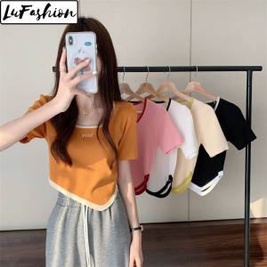 LuFashion Crop Tops for Women Summer Irregular Design Short Sleeve Print Casual T-Shirts
