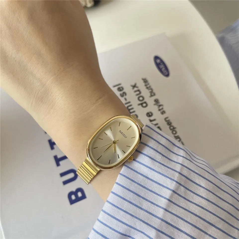 Elegant Retro Oval Watch with Stainless Steel Strap for Women Light Luxury  Exquisite Students Small Gold Watch