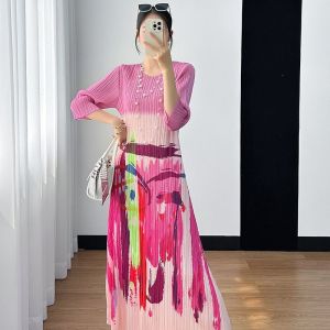 Nova quality⭐One person one pleat ⭐New Miyake slouchy seven-point sleeves crew-neck advanced sense pleated chic A-line dress