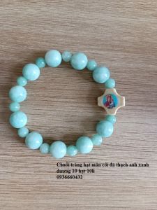 Chuỗi tràng hạt mân côi đeo tay thạch màu xanh ngọc10 hạt 10li thánh giá gỗ dán hình Chúa