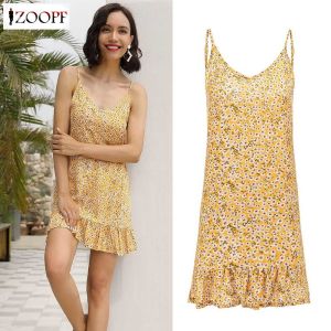 ZOOPF Women Boho Floral Print V-Neck Spaghetti Strap Ruffles Mini Dress for Summer
