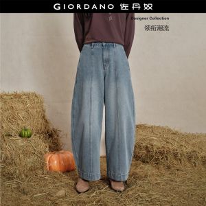 Giordano Women Logo leather label seam detail wide leg jeans Free Shipping 18416212
