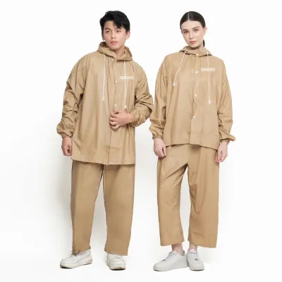 Jas Hujan Ponco Setelan Celana Waterproof Anti Air Tebal Premium Warna Cream