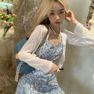 Set Đầm 2 Dây Hoa Nhí Chân Cá + Áo Khoác Tăm Trắng Dây Ren Nơ