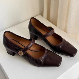 Retro and Versatile One-line Belt Mary Jane Shoes Womens Spring New Single Shoes Square Toe Shallow Mouth Thick Heels Fashionable Small Leather Shoes