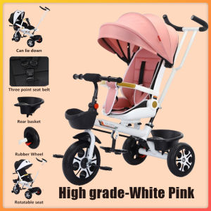 4 In1 Stroller for Baby Boys Two Way Baby Stroller Can Sit and Lie 3 Wheels Trolley with Front Back Basket Trolley Baby Tricycle