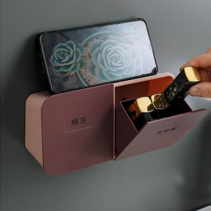 กล่องเก็บสำลีก้านพลาสติกติดผนัง กล่องใส่สำลีกันฝู่พับสองช่อง สำหรับการจัดเรียงสิ่งเล็ก ๆ ในห้องน้ำ, ห้องนอน ห้องครัว