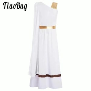 Kids Girls Ancient Greek Toga Goddesses Costume Sleeveless Gold Trims Robe for Halloween Cosplay Greece Roman Queen Dresses2026