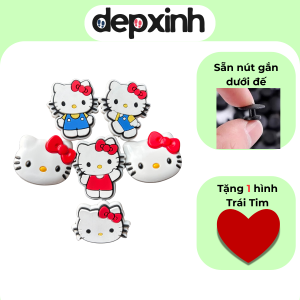 Bộ 6 CHARM STICKER - Mèo Xinh Nơ Đỏ - Phụ kiện mềm gắn giày dép lỗ - Sẵn nút gắn