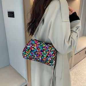 COLOO Solid Color Sequins Crossbody Bag Korean Style Chain Sequins Shoulder Bag Fashion Underarm Bag Small Square Bag Female