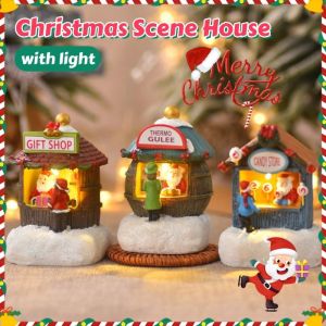XMAS Small House Lamp Ornamnets Christmas Snow Houses with Light Xmas Gift Shop Landscape Desktop Ornaments Gift