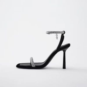 [Free Shipping] Plus-Size Rhinestone High-Heeled Sandals For Women New Summer Style Square-Toe Open-Toe Elegant With A Single-Strap Design