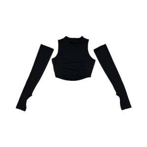 💥HOT SALE💥เสื้อครอปแขนกุดคอปีน มีปลอกแขนยาว 2 ข้าง สีดำ