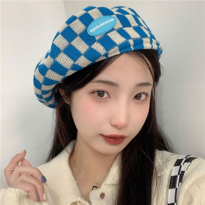 EYT6YT Lattice Plaid Beret Knitted Letter Letter Artist Cap Fashion Ins ...