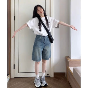 American Retro Five-Point Pants for Women Summer New High-Waisted Plus Size Loose Slimming Straight-Leg Denim Shorts Mid-Length Pants