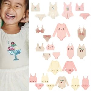 2026 Summer KS Baby Girls Cherry Strawberry Sequin Swimwear Bikinis Sets Kids Beach Wear Girls Lace Princess Swimsuit One Piece2026