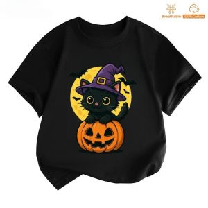 【220G 100%Cotton T-shirt】NELLY Kaos Unique Halloween Graphic for Kids Happy Halloween Cat Party Cosplay for boy#12