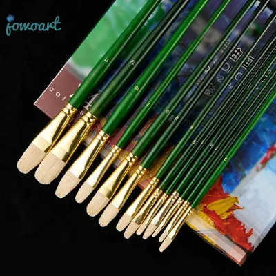 Jowoart Bộ 6 cây gậy gỗ bạch dương dài màu xanh lá cây lông lợn cọ vẽ tranh sơn dầu Bộ cọ nghệ thuật axit Acrylic cứng hình hạt dẻ