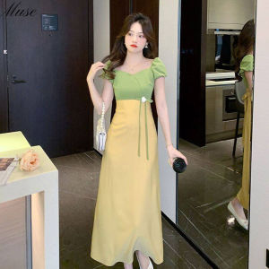 Muse French Vintage Hepburn Style Bubble Sleeve Color Contrast Patchwork Dress Summer New Style Light Mature Elegant Dress Long Skirt Dress for Women on Sale Casual Dinner Dress Korea Style Dress Women Fashion 2023 Elegant