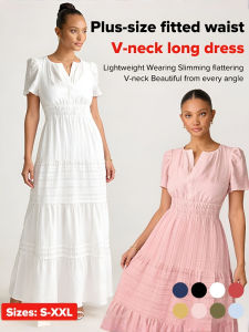 Plus-size Waist-cinching Elegant V-neck Long Dress Fashionable V-neck Pleated Puff Sleeve Layered Maxi Dress For Women