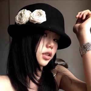 MMLUCK Thanh lịch Mũ hoa trà Vành cong Phong cách Pháp Mũ chính thức cho phụ nữ Thoáng khí Hepburn Mũ bowler hoa Tiệc tùng