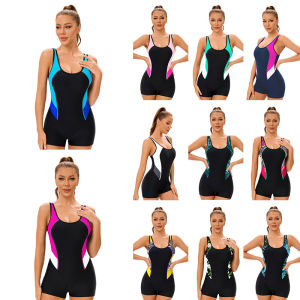 One Piece Swimsuit Women Athletic Boyleg Swimwear for Women Racerback Bathing Suit with Shorts for Water Sport Color Block