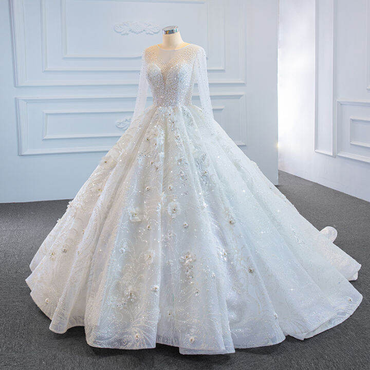 Gaun Pengantin Mewah Ball Gown Putih Lengan Panjang Manik-manik Gaun ...