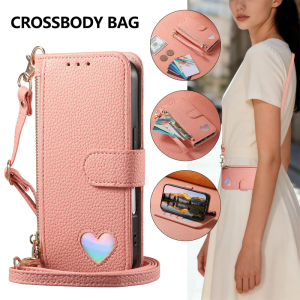 Flip Wallet Case for VIVO Y27 Y27S Y20 Y20i Y20s Y20a Y20sg Y20G Y36 Y20t Y12S Y12A Y04 Y29S Y03 Y03T 4G 5G Leather Shining Love Zipper Phone Card Slots Fashion Long Strap Cover