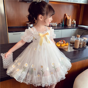 Girls princess skirt summer dress childrens 2024 new mesh Little Daisy off shoulder foreign girl
