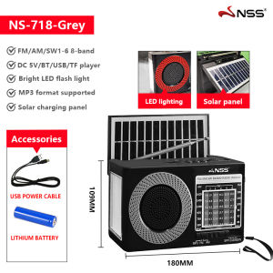 NSS Rechargeable Solar 8 Bands Radio Bluetooth Speaker Am Fm SW 1-6 Two Way Radio Mp3 Music Player with Battery And USB/Tf Reader and LED Light Flashlight Phone Charger 1200mAh