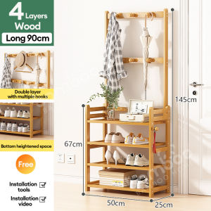 Bamboo Shoe Rack With Hangable Clothes Hanging Rack Clothes Rack Multifunction Rack Organizer Shoe Rack Multi-Layer Shoe Cabinet 鞋架