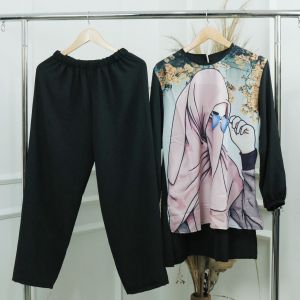 Pabrik Baju SYAKIRA SET Bahan CRINKLE APLIKASI SABLON (REALPICT) Setelan Wanita Jumbo Ukuran M L XL XXL Stelan Wanita Lagi Tren One Set Wanita OOTD HIjab 2 in 1 Celana dan Baju