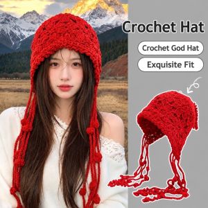 MYTHIS Flower Knitted Crochet Hat Hollowed Out with Tassels Ear Flap Beanie  Ear Protector Knitted Caps Women