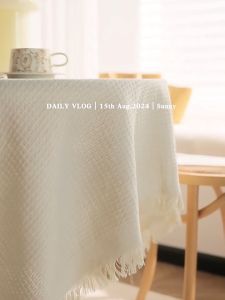 Waffle Tablecloth Cotton Linen Dust Proof Soil Resistant Table Cover Decoration for Cafe Home Use