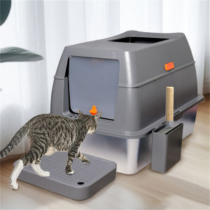 65L Stainless Steel Cat Litter Tray Toilet Box with Lid Extra Large Litter Pan Tray