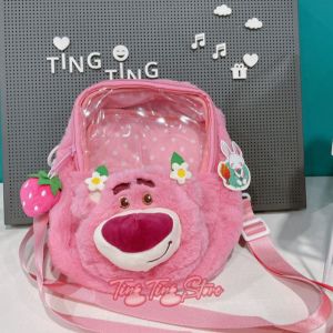 Túi đeo chéo trong suốt gấu dâu Lotso nhồi bông hai ngăn hình chữ nhật dễ thương _ Ting Ting