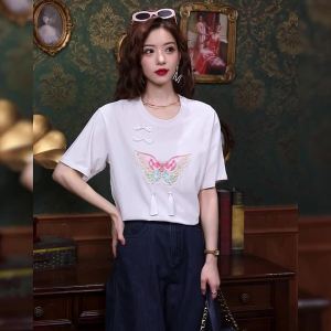 Ammin 2024 Mùa Hè Mới Trung Quốc Cổ Điển Nút Đĩa Ngắn Tay Cổ Tròn Cotton Áo Thun Phụ Nữ Tinh Tế thêu hình bươm bướm thiết kế tua Áo Blouse thanh lịch