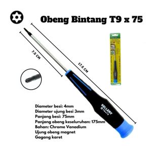 Obeng Bintang T9 x 75 Sellery 11-909 Star Lubang Panjang Besi 75mm Magnet Gagang Karet