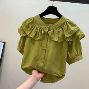 Womens Shirt Summer New Ruffled Short-sleeved Shirt Korean Style Solid Color Blouse Ins Chic Shirt Top