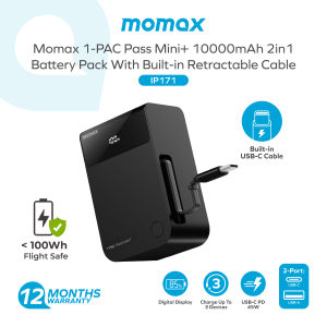 [CCC Certified] Momax IP171 45W 1-PAC Pass Mini+ 10000mAh 2in1 Powerbank | Built-in Retractable Cable | Compact size | Laptop Powerbank