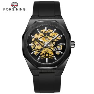 Original Forsining automatic mechanical mens watch luxury brand fashionable black rubber strap sports hollowed out clock. Mens Gifts