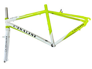 Sườn+Phuộc Cinalini Touring sử dụng được ngàm thắng 1 ốc hoặc thắng v đi bánh 700c road màu trắng xanh dành cho xe đạp có trầy xước nhẹ