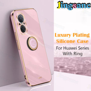 Jingsanc For Huawei Nova 9 SE Phone Case Luxury Plating With Ring Holder Casing Simple Stand Silicone Electroplating Straight Square Edge Case All-inclusive lens Back Cover