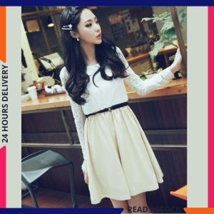 CFBOUTIQUE Korean Style Women Fashion Casual Lace Long Sleeve Summer Dress With Belt