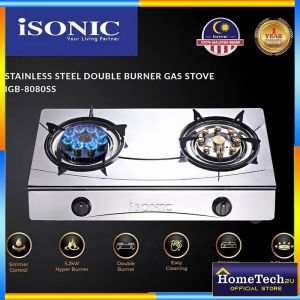 Isonic Stainless Steel Double Burner Gas Stove IGB-8080SS | 5.2kW Hyper Burner | Automatic Ignition | Easy Clean Design