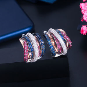 SEQUITO Hot Sale Luxury 3 Tones Silver Gold Plated Pave Multi Color AAA CZ Zirconia Personality Geometric Big Hoop Earrings for Fashionable Women SE485