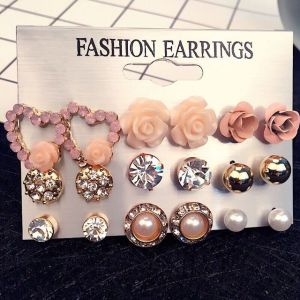9 Pairs/Set Womens Crystal Pearl Flower Ear Studs Earrings Elegant Inexpensive Jewelry Gift