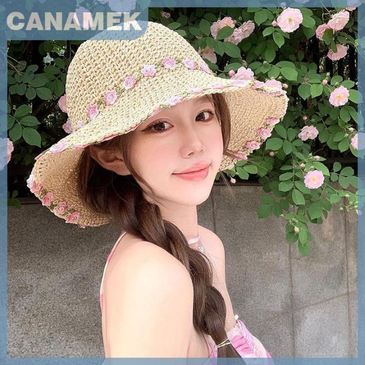 Hot Sale CANAMEK หมวกฟางสไตล์อินสตาแกรมสำหรับผู้หญิง, หมวกแบบสานขอบหยัก ...
