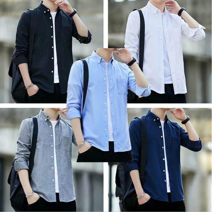 New Men's Dress Shirts Long Sleeves Slim Fit Korean Oxford Pocket